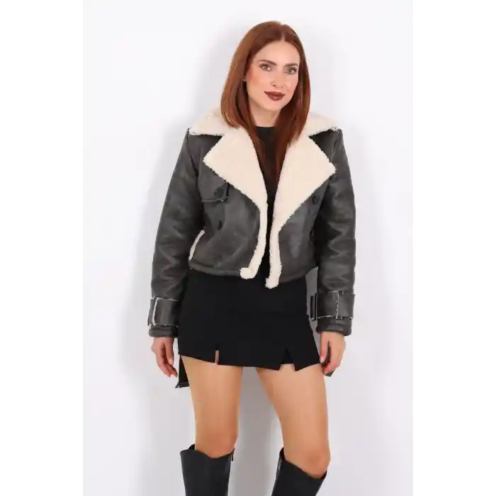 Kürklü Suni Deri Kemerli Haki Kadın Kısa Mont T1256