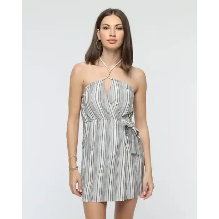 Kuşaklı çizgili mini keten elbise