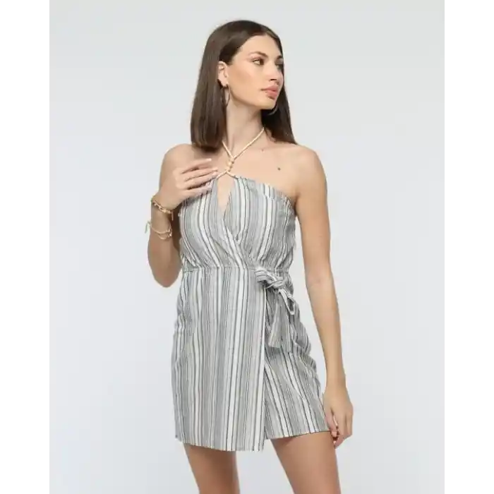 Kuşaklı çizgili mini keten elbise