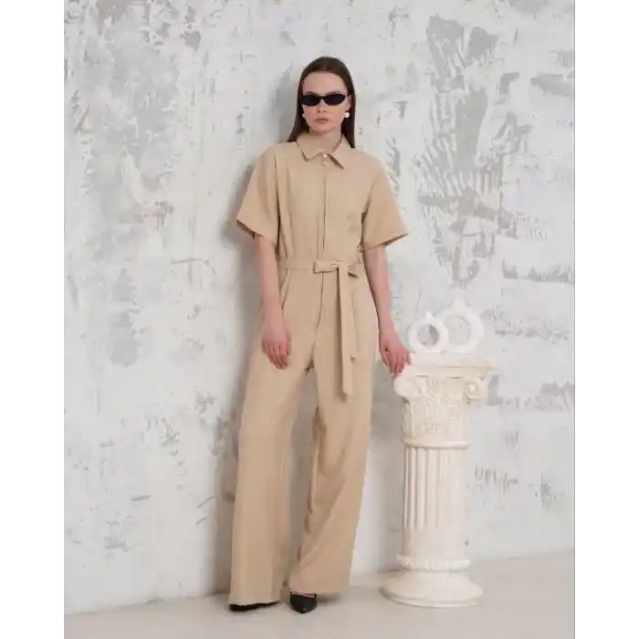 Kuşaklı gömlek yaka salaş tulum bej s255822