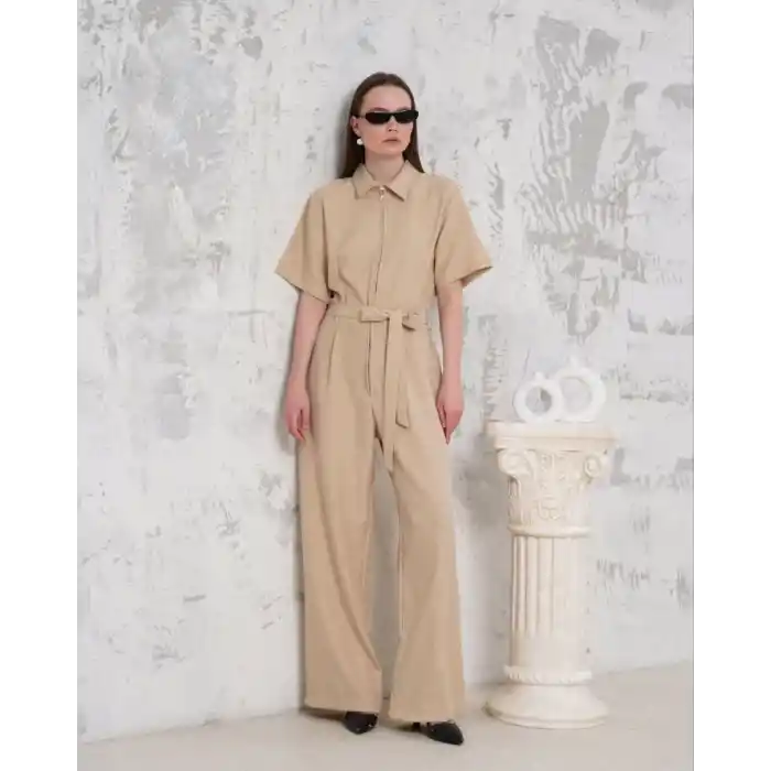 Kuşaklı gömlek yaka salaş tulum bej s255822