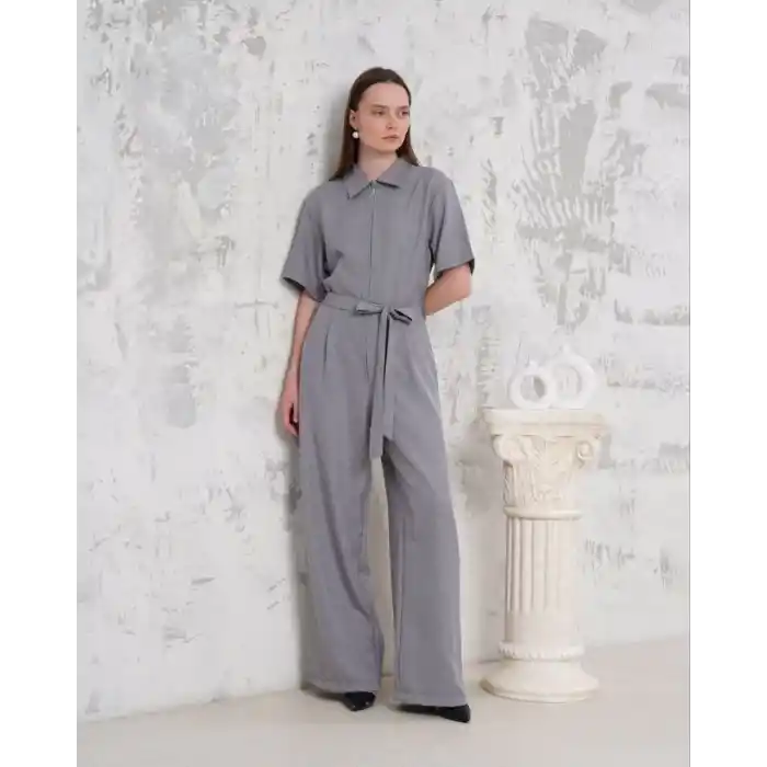 Kuşaklı gömlek yaka salaş tulum gri s255822