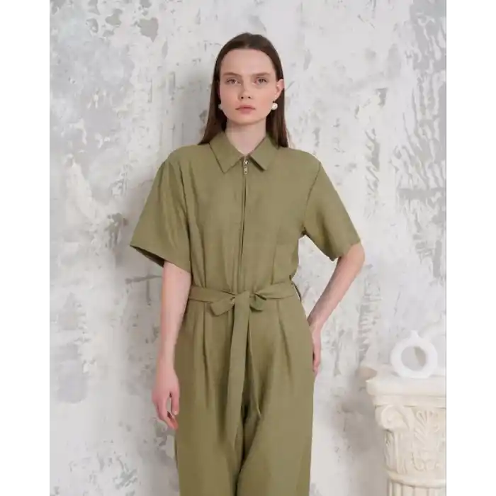 Kuşaklı gömlek yaka salaş tulum haki s255822