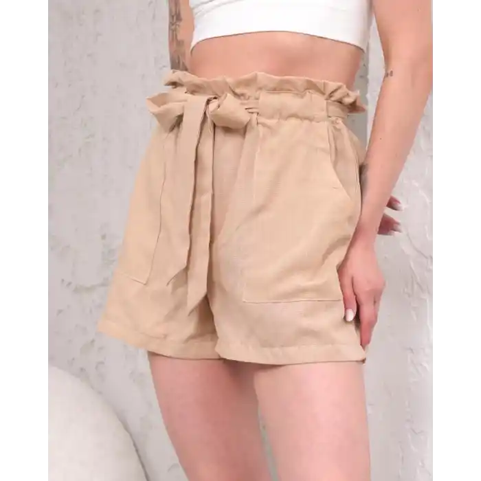 Kuşaklı keten şort bej s255265
