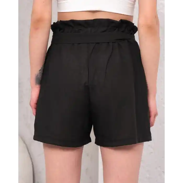 Kuşaklı keten şort siyah s255265
