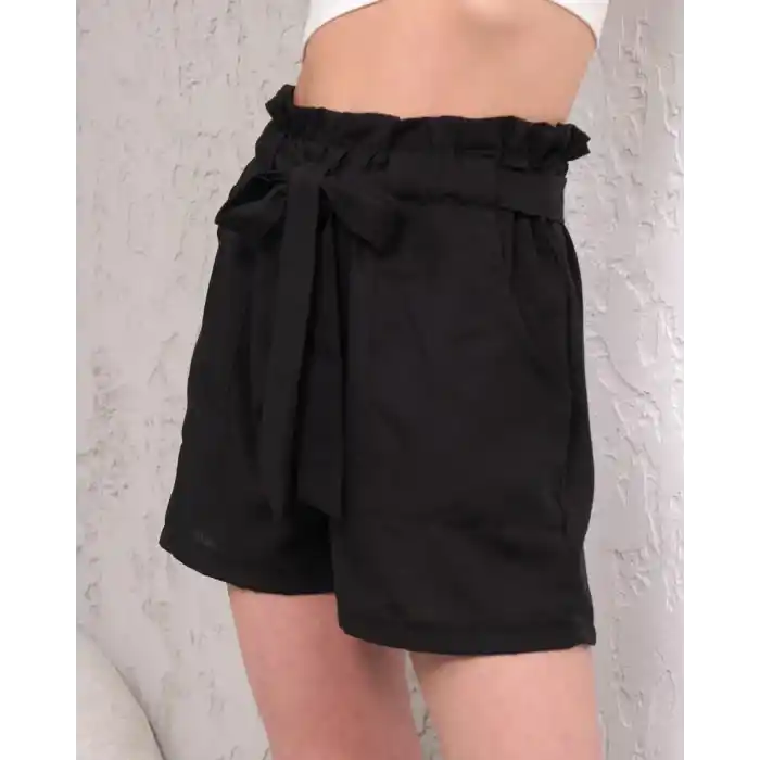 Kuşaklı keten şort siyah s255265