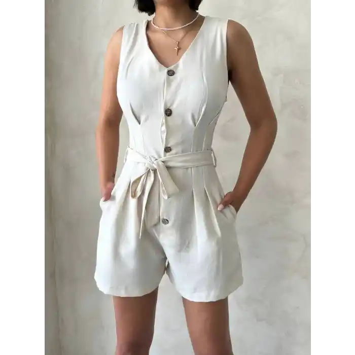 Kuşaklı şortlu tulum