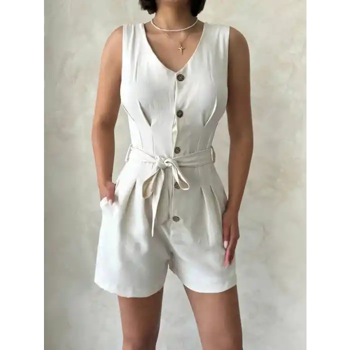 Kuşaklı şortlu tulum
