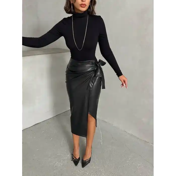 Kuşaklı uzun deri etek siyah h26414