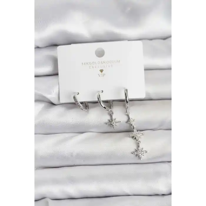 Kutup Yıldızı Model Gümüş Renk Pirinç 3lü Kadın Küpe Seti