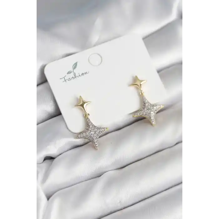 Kutup Yıldızı Pirinç Gold Renk Zirkon Taşlı Kadın Küpe