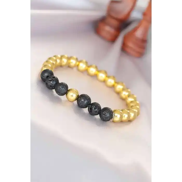 Lav Doğal Taş Detaylı Hematit Gold Renk Erkek Bileklik