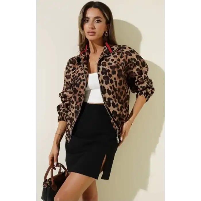 Leopar desenli astarlı ceket siyah t1192