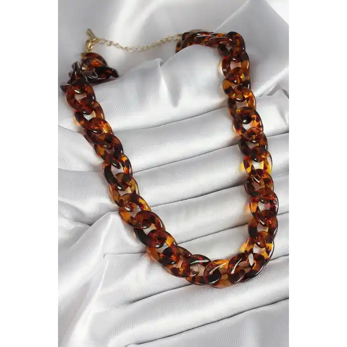 Leopar Desenli Mika Kalın Zincir Kadın Kolye