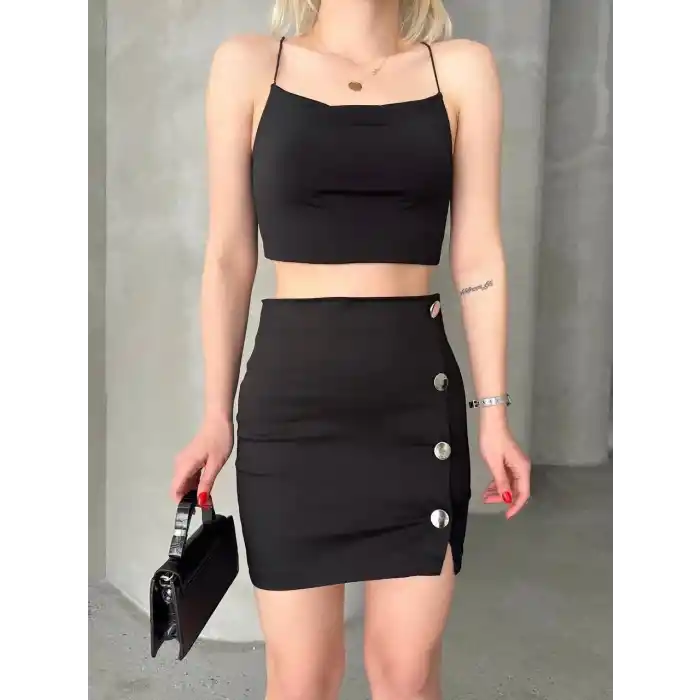 Likralı gabardin dört düğmeli etek