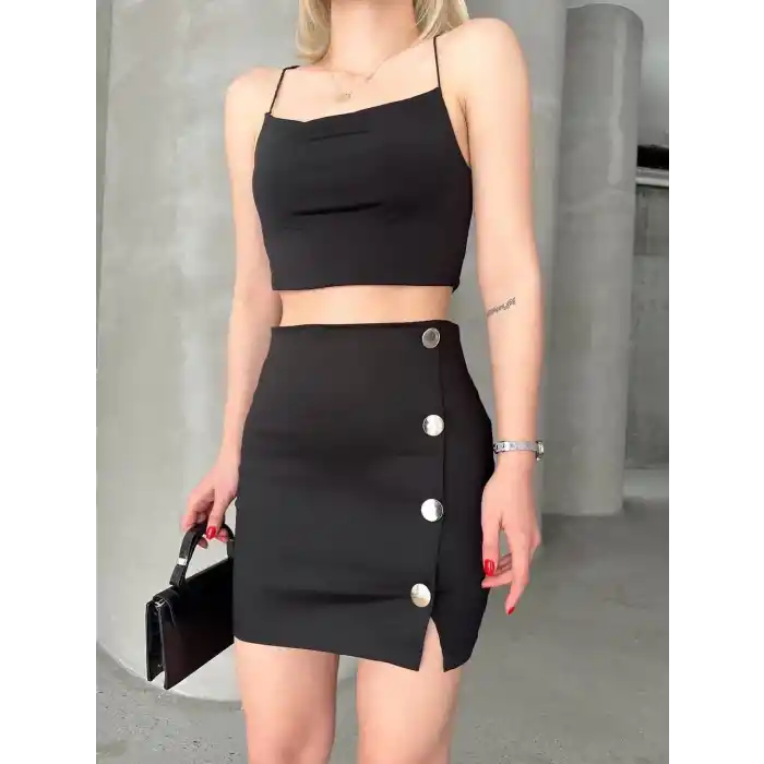 Likralı gabardin dört düğmeli etek