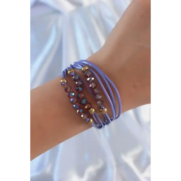 Lila Renk Zirkon Taşlı İpli Çoklu Bileklik