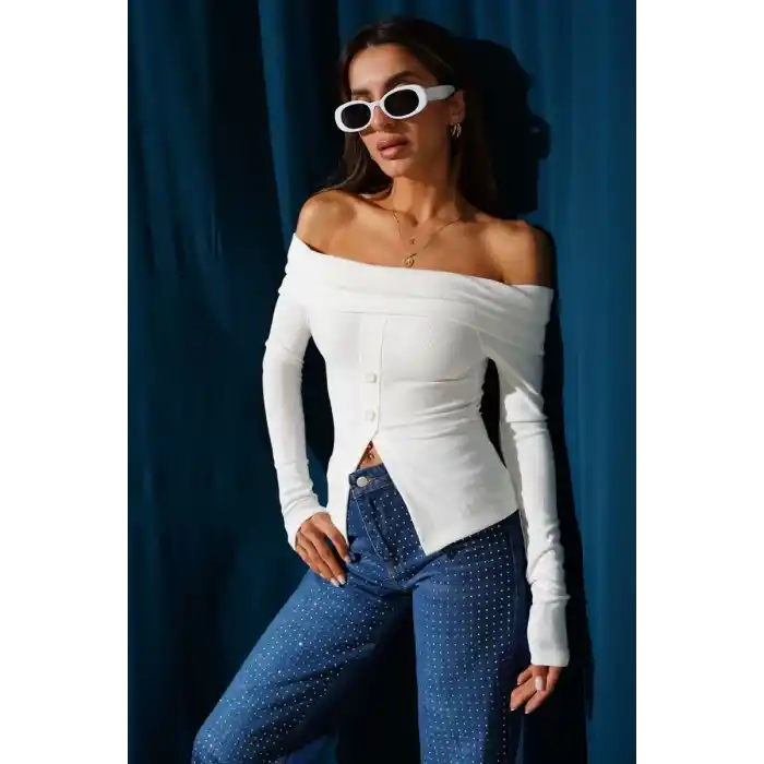 Madonna Yaka Düğmeli Bluz Beyaz t4329