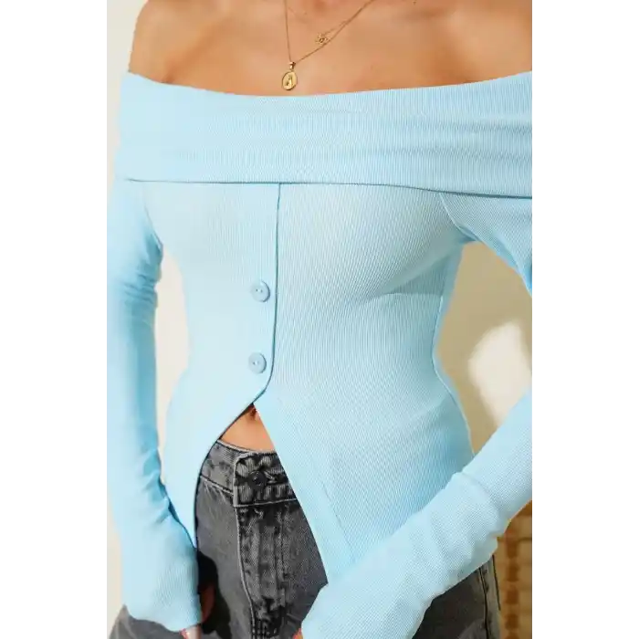 Madonna Yaka Düğmeli Bluz Mavi t4329