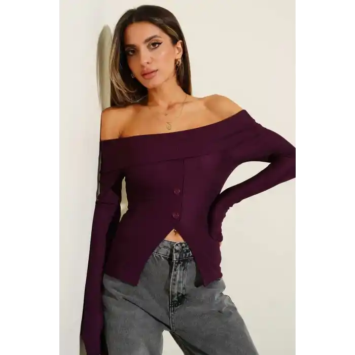 Madonna Yaka Düğmeli Bluz Mürdüm t4329