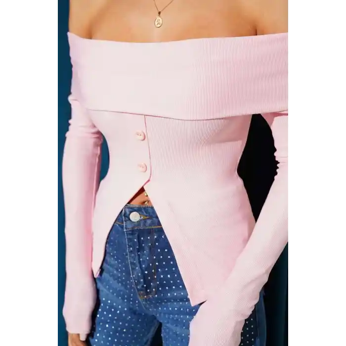 Madonna Yaka Düğmeli Bluz pembe t4329