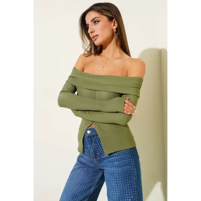 Madonna Yaka Düğmeli Bluz yeşil t4329