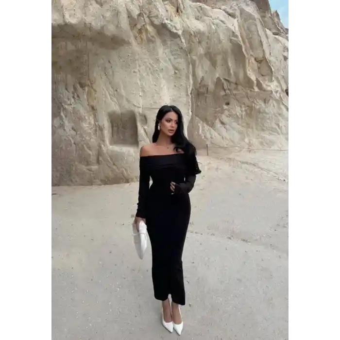 Madonna yaka esnek kumaş elbise siyah