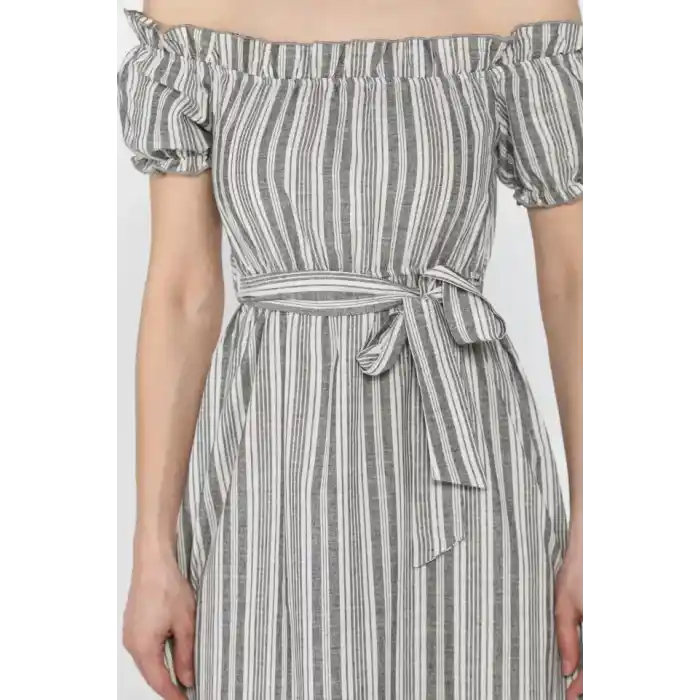 Madonna yaka midi yırtmaçlı kuşaklı keten elbise