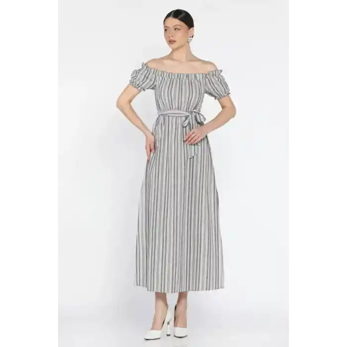 Madonna yaka midi yırtmaçlı kuşaklı keten elbise