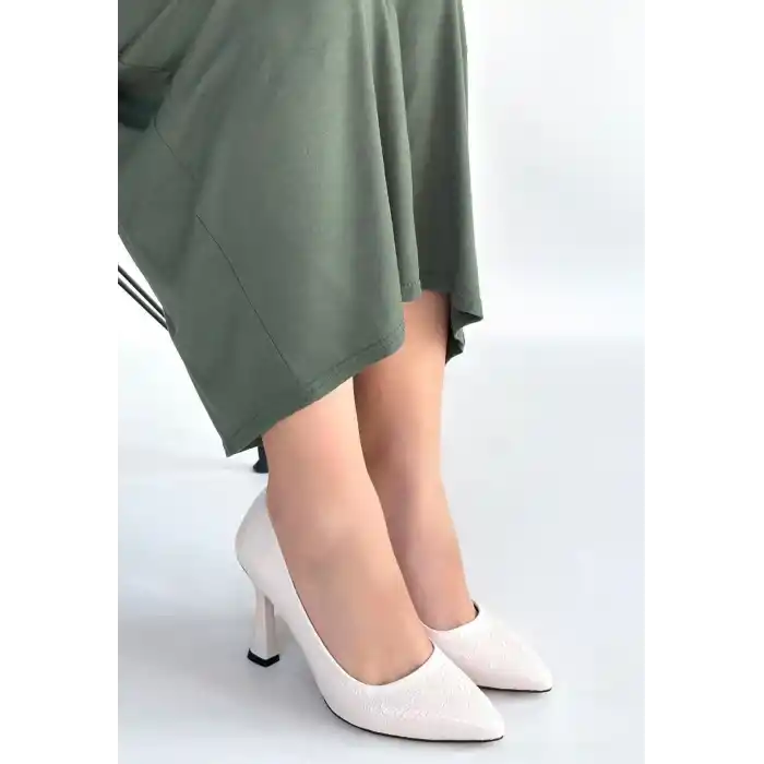 Merio Bej Baskılı Rugan Topuklu Ayakkabı