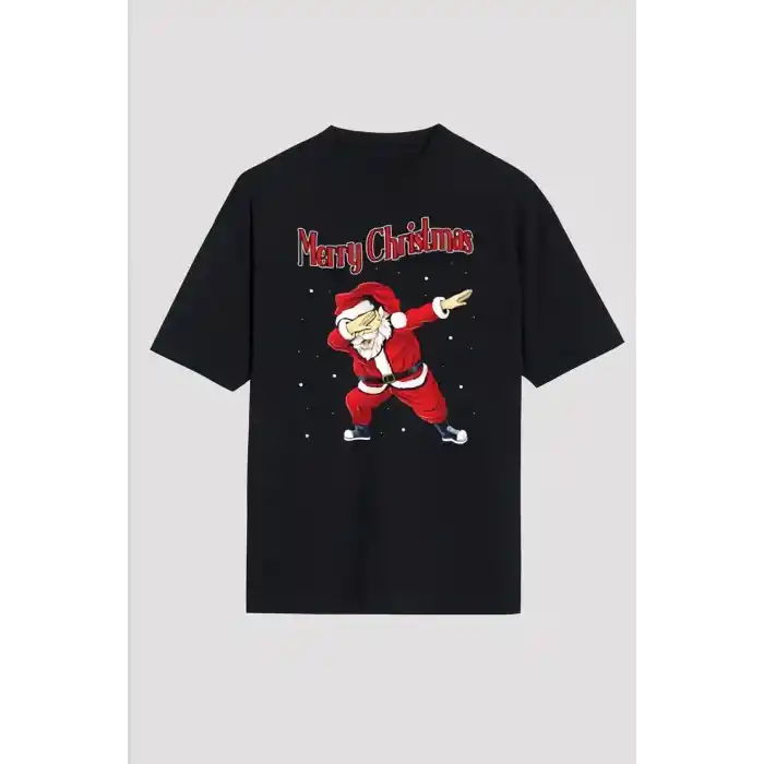 Merry Christmas Baskılı Noel Babalı T-shirt - Siyah