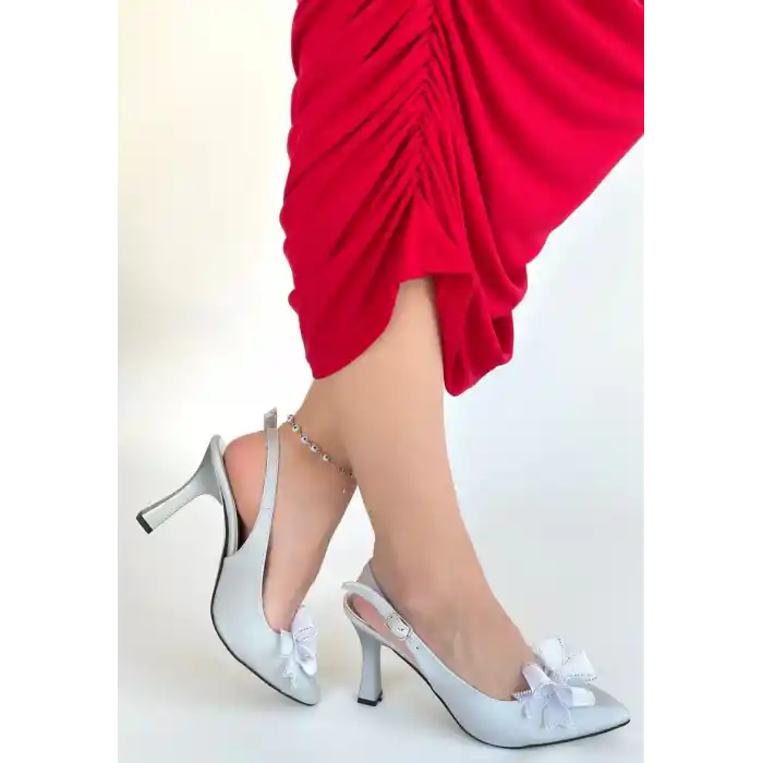 Mewi Gümüş Saten Topuklu Ayakkabı