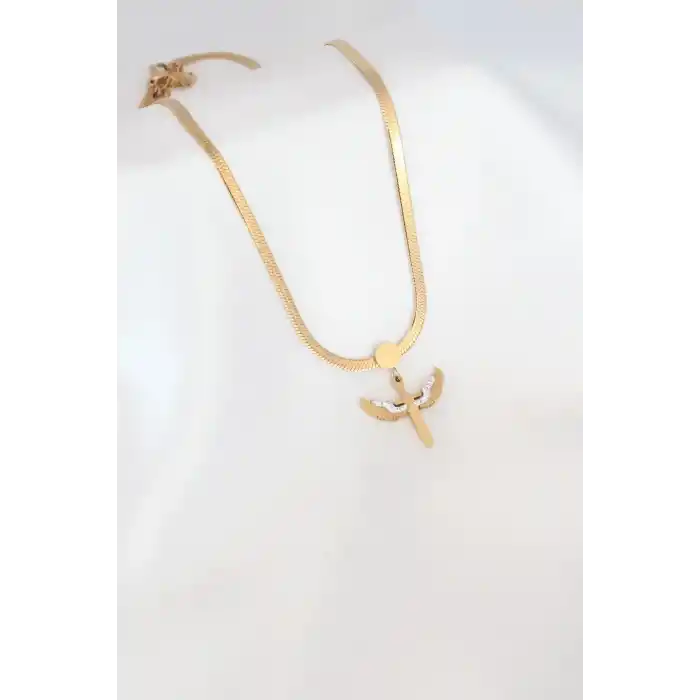 Mikail Figür Zirkon Taş Detay Gold Renk Çelik İtalyan Zincir Kadın Kolye