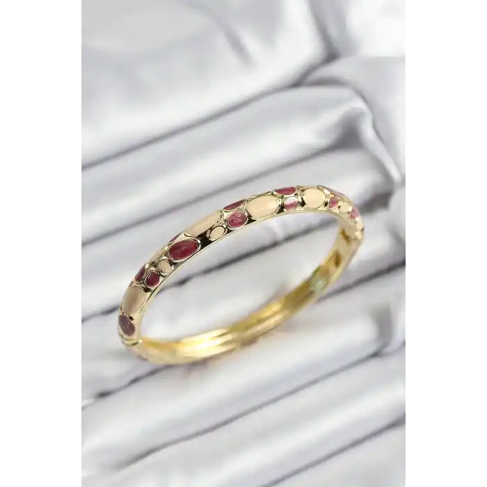 Mineli Pirinç Fuşya Ve Krem Petek Motifli Gold Renk Kadın Kelepçe