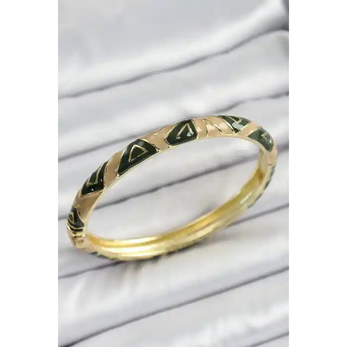 Mineli Pirinç Kahverengi Siyah Geometrik Desenli Kadın Kelepçe