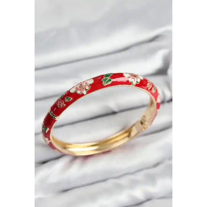 Mineli Pirinç Kırmızı Çiçek Motifli Gold Kadın Kelepçe