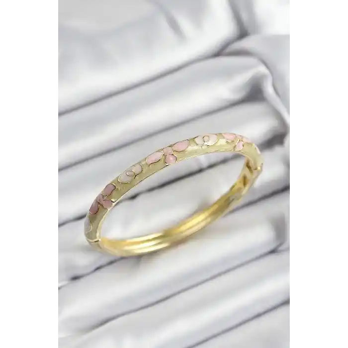 Mineli Pirinç Pembe Hardal Ve Krem Çiçek Motifli Gold Renk Kadın Kelepçe