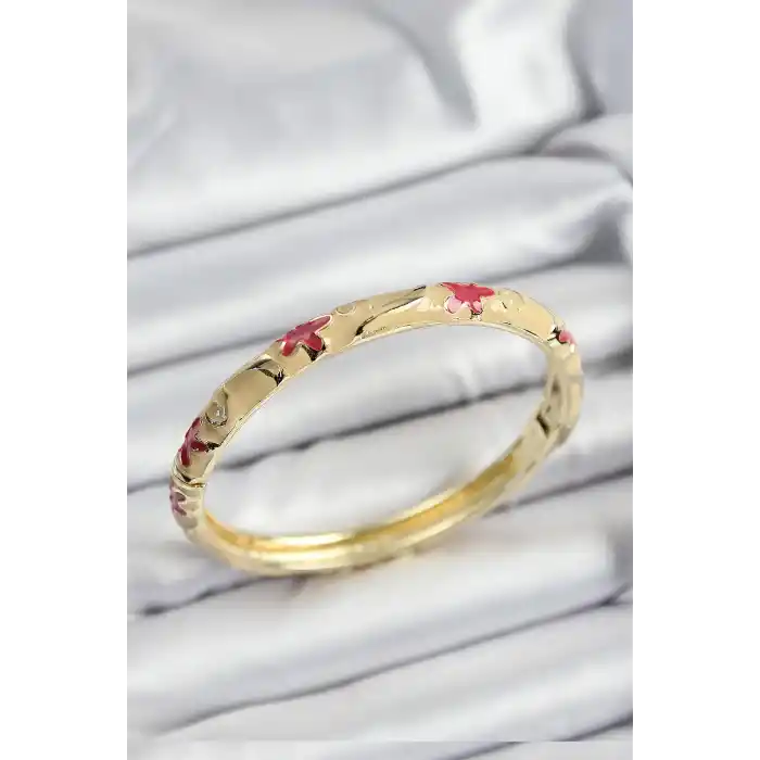 Mineli Pirinç Pembe Ve Krem Çiçek Motifli Gold Renk Kadın Kelepçe