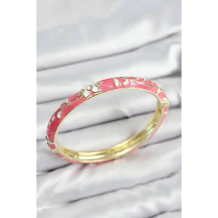 Mineli Pirinç Zirkon Taşlı Pembe Çiçek Motifli Gold Kadın Kelepçe