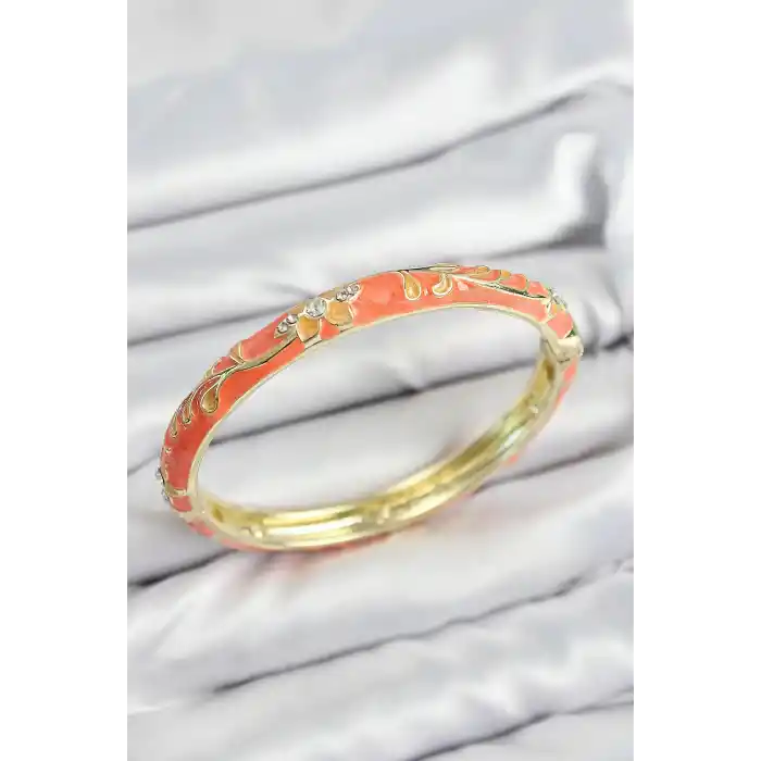 Mineli Pirinç Zirkon Taşlı Turuncu Çiçek Motifli Gold Kadın Kelepçe