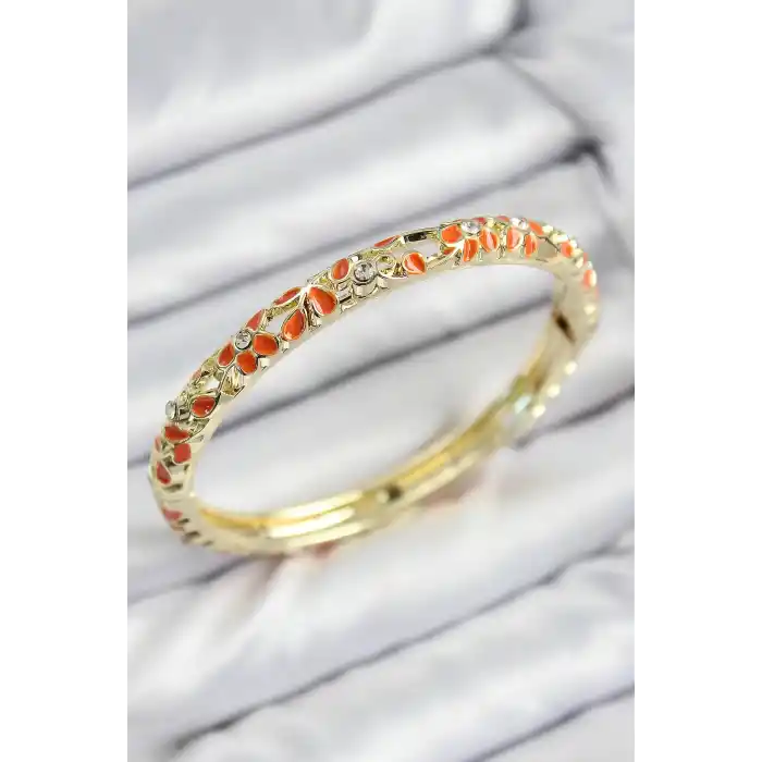 Mineli Pirinç Zirkon Taşlı Turuncu Çiçek Motifli Gold Kadın Kelepçe