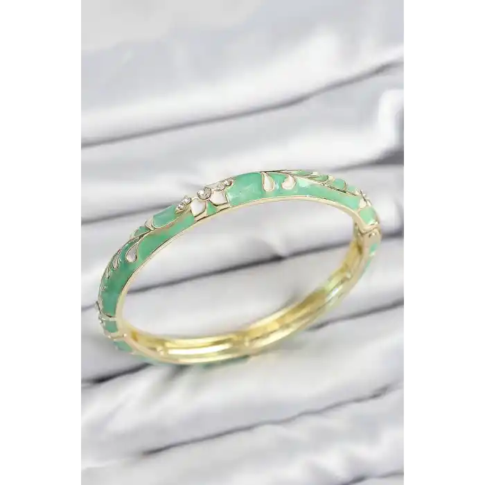 Mineli Pirinç Zirkon Taşlı Yeşil Çiçek Motifli Gold Kadın Kelepçe