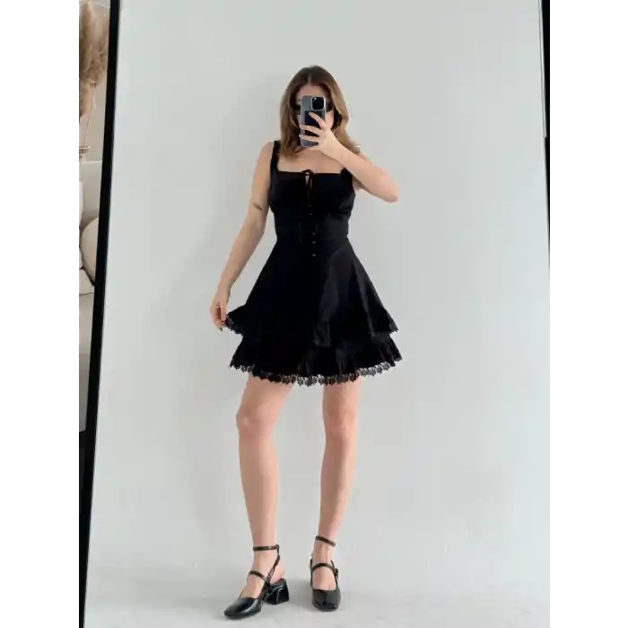Mini Askılı Elbise - Siyah