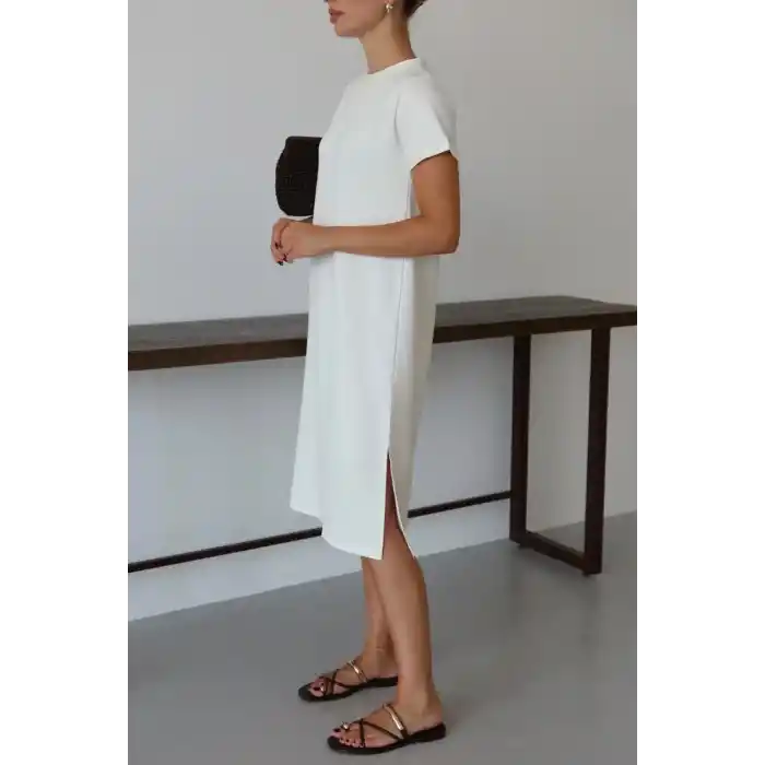 Modal yırtmaçlı elbise beyaz pt