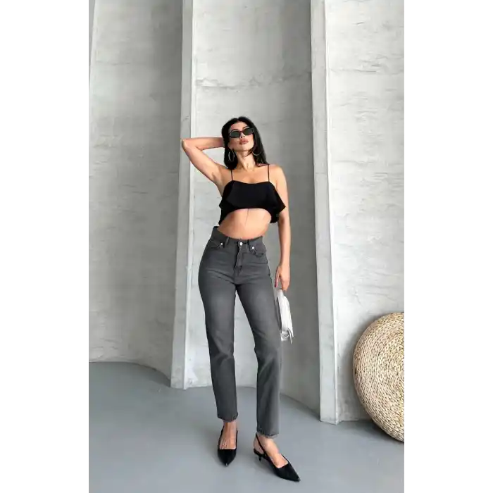 Mom fit enzim taş yıkama jeans pantolon füme d2006