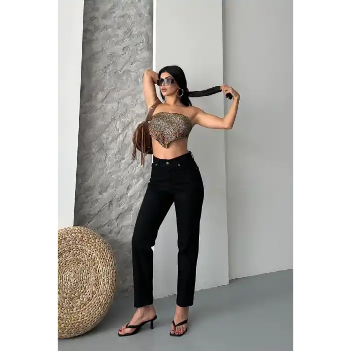 Mom fit enzim taş yıkama jeans pantolon siyah d2006