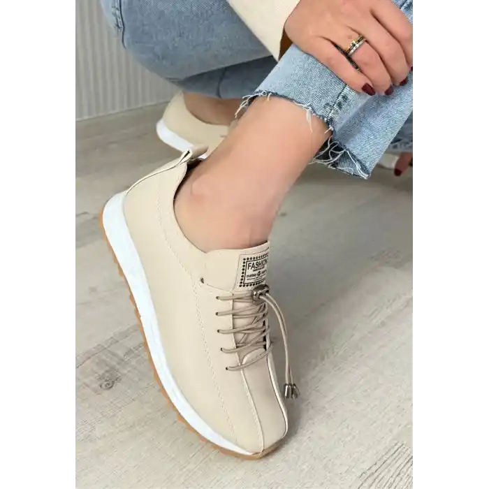 Monya Bej Cilt Bağcıklı Spor Ayakkabı