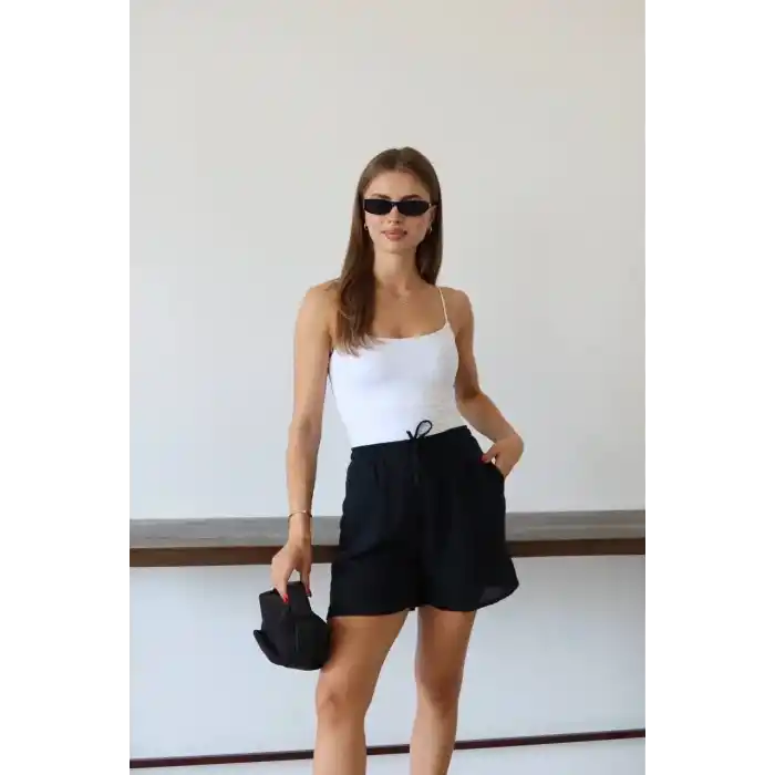 Müslin kumaş şort bağcıklı siyah pt