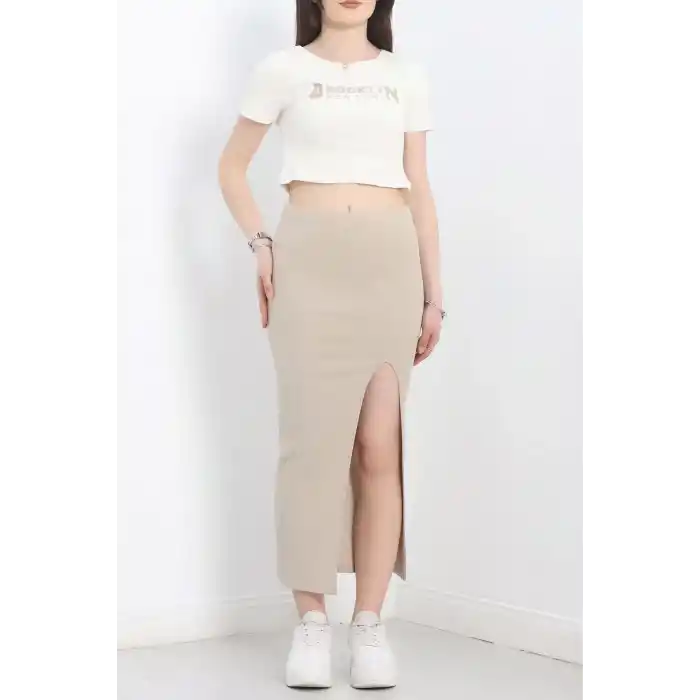 Nakışlı etekli takım bej beyaz s3899