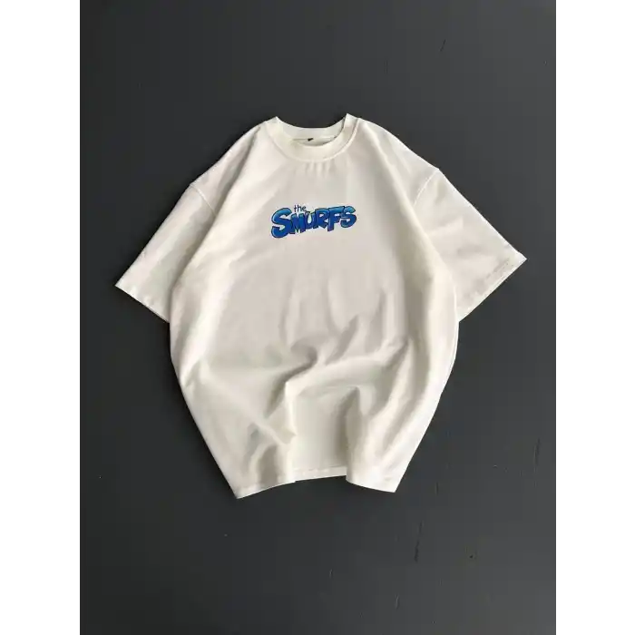 Ön ve Arka Baskılı Oversize Bisiklet Yaka T-shirt- Beyaz